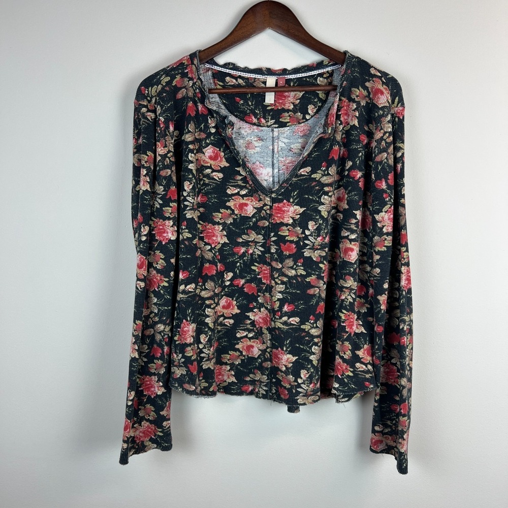 Anthropologie Pilcro Thermal Top Womens XL Split-Neck‎ Floral Waffle Knit Boho